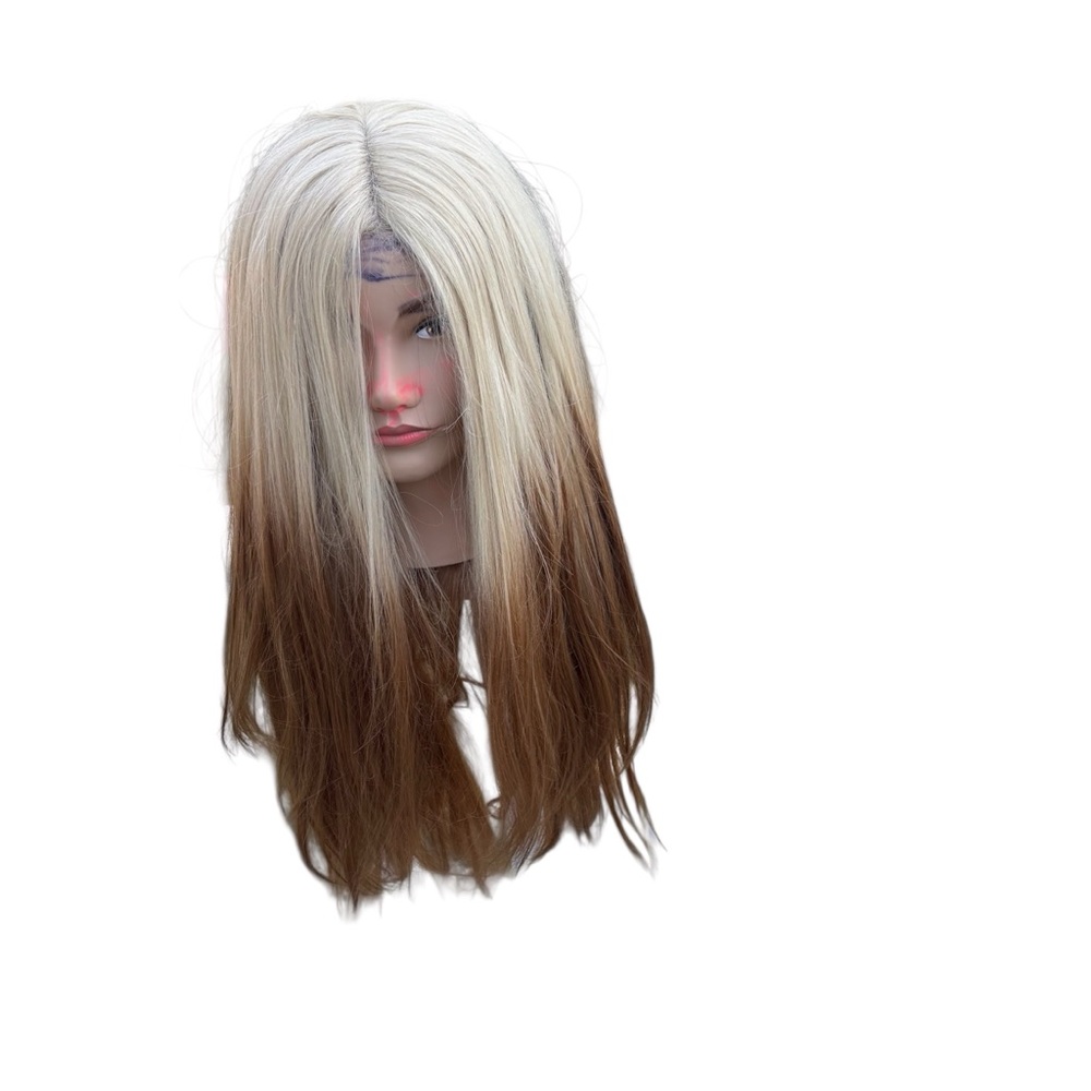 Long platinum blonde straight lace front wig with light brown ombré ends